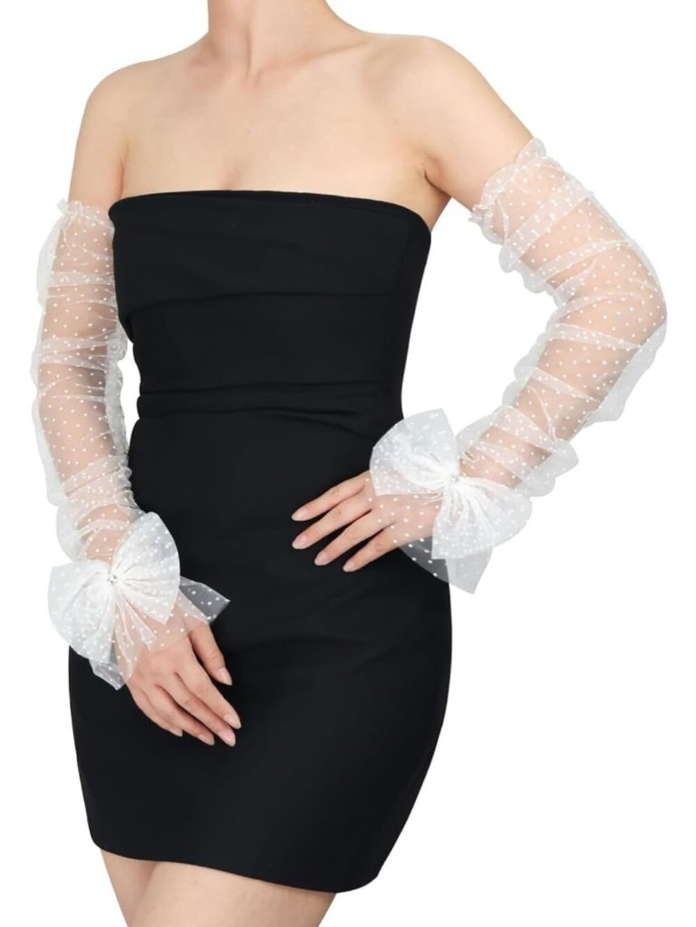 Elegant Long Fingerless Opera Gloves with Bow - Wedding & Evening Wear Mesh